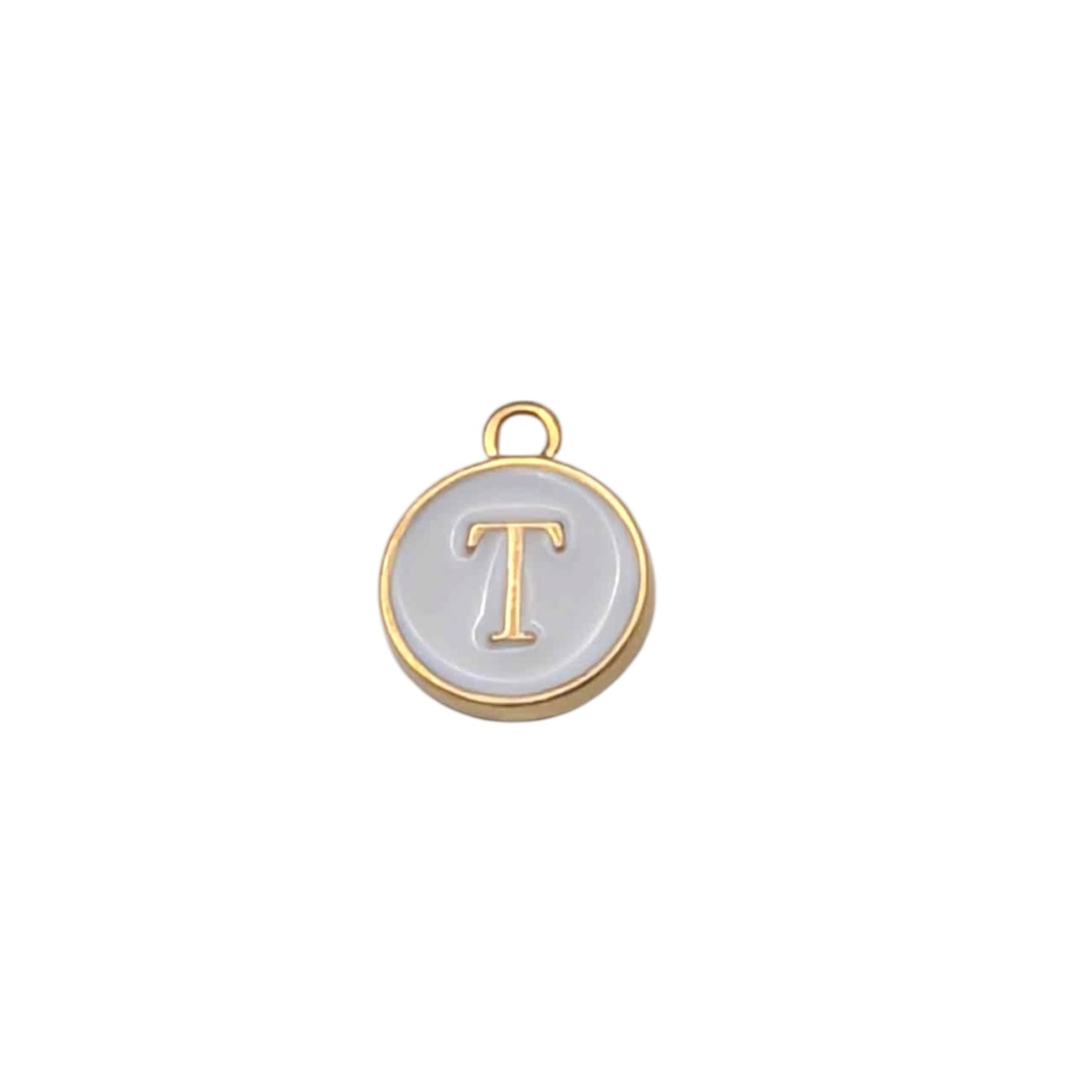 Gold pendant letter “ T “ on white background 