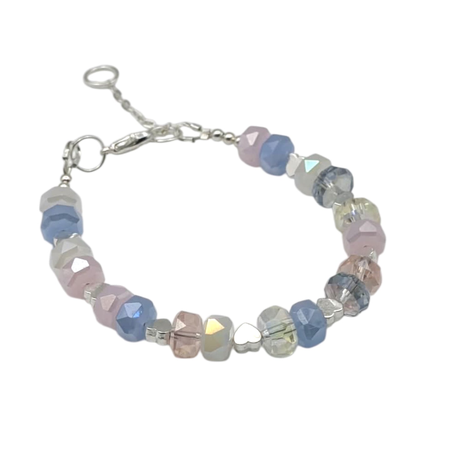 Glass Crystal Beaded Bracelet with Silver Heart Charms - Adjustable 7-8 Inch