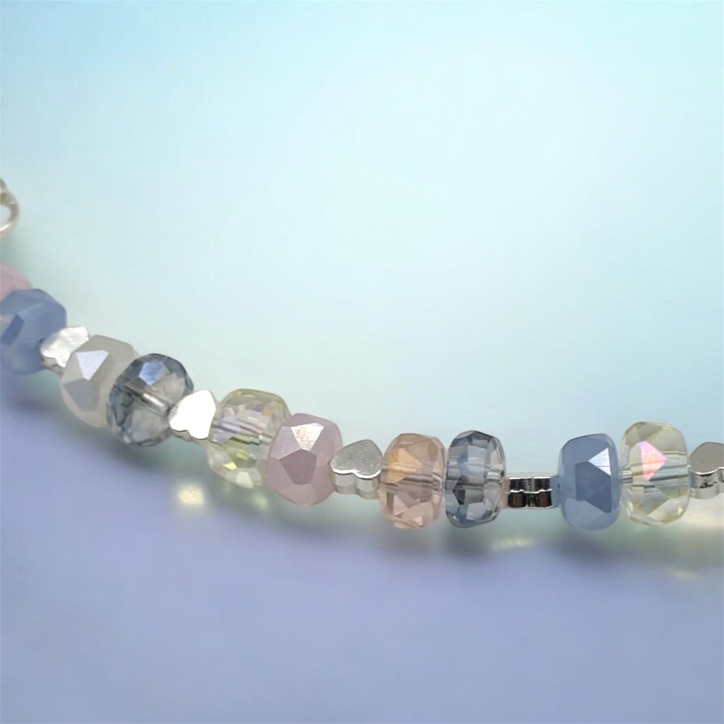 Glass Crystal Beaded Bracelet with Silver Heart Charms - Adjustable 7-8 Inch