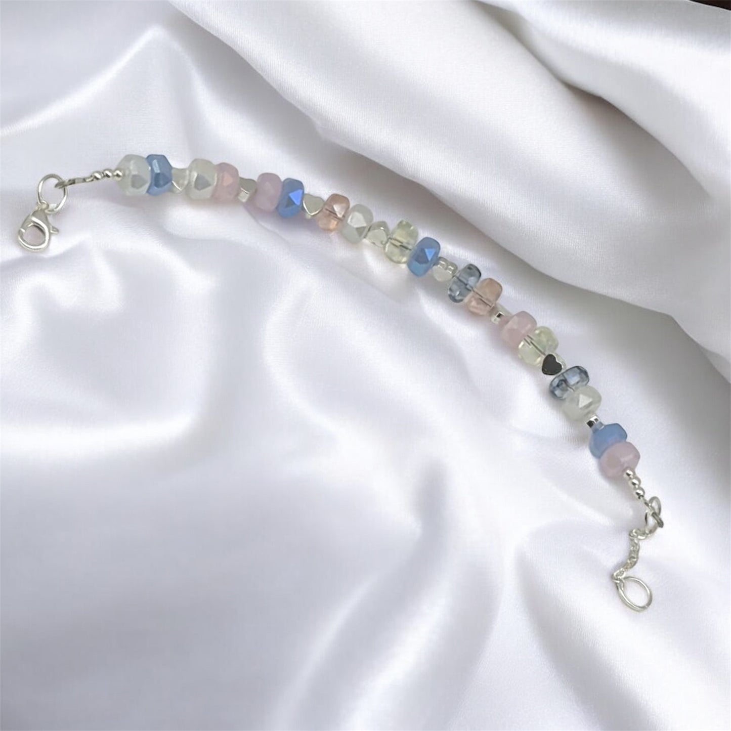 Glass Crystal Beaded Bracelet with Silver Heart Charms - Adjustable 7-8 Inch