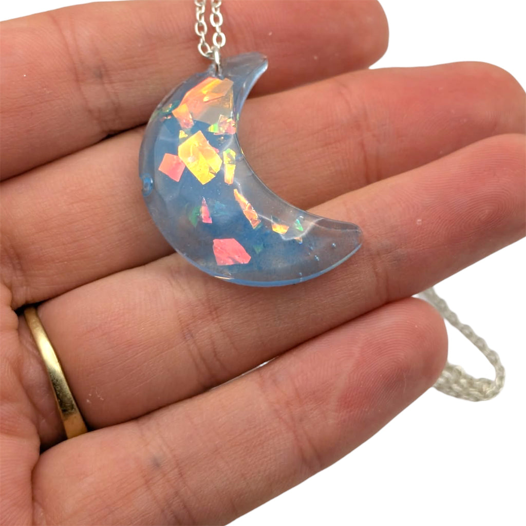 Glow in the Dark Moon Necklace | Iridescent Crescent Pendant Handmade UK