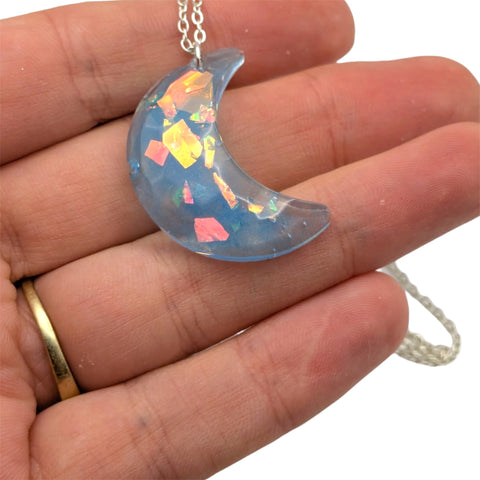 Glow in the Dark Moon Necklace | Iridescent Crescent Pendant Handmade UK