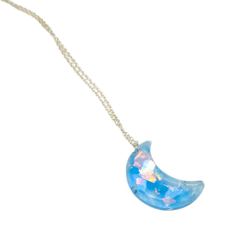 Glow in the Dark Moon Necklace | Iridescent Crescent Pendant Handmade UK
