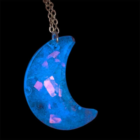 Glow in the Dark Moon Necklace | Iridescent Crescent Pendant Handmade UK