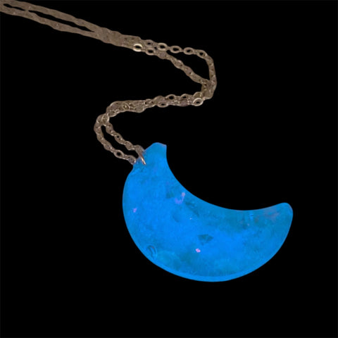 Glow in the Dark Moon Necklace | Iridescent Crescent Pendant Handmade UK