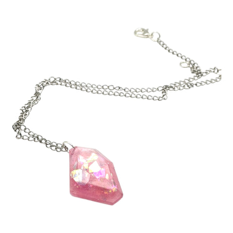 Pink Resin Crystal Shard Necklace 18" | Iridescent Aurora Pendant | Handmade Gift for Her