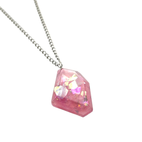 Pink Resin Crystal Shard Necklace 18" | Iridescent Aurora Pendant | Handmade Gift for Her
