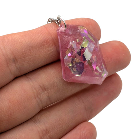 Pink Resin Crystal Shard Necklace 18" | Iridescent Aurora Pendant | Handmade Gift for Her
