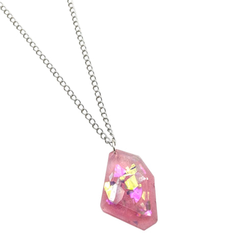 Pink Resin Crystal Shard Necklace 18" | Iridescent Aurora Pendant | Handmade Gift for Her