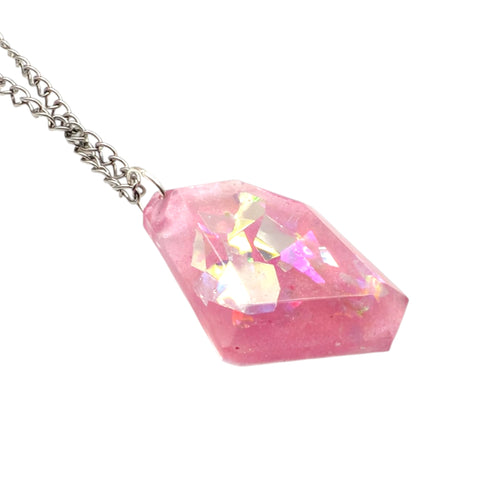 Pink Resin Crystal Shard Necklace 18" | Iridescent Aurora Pendant | Handmade Gift for Her