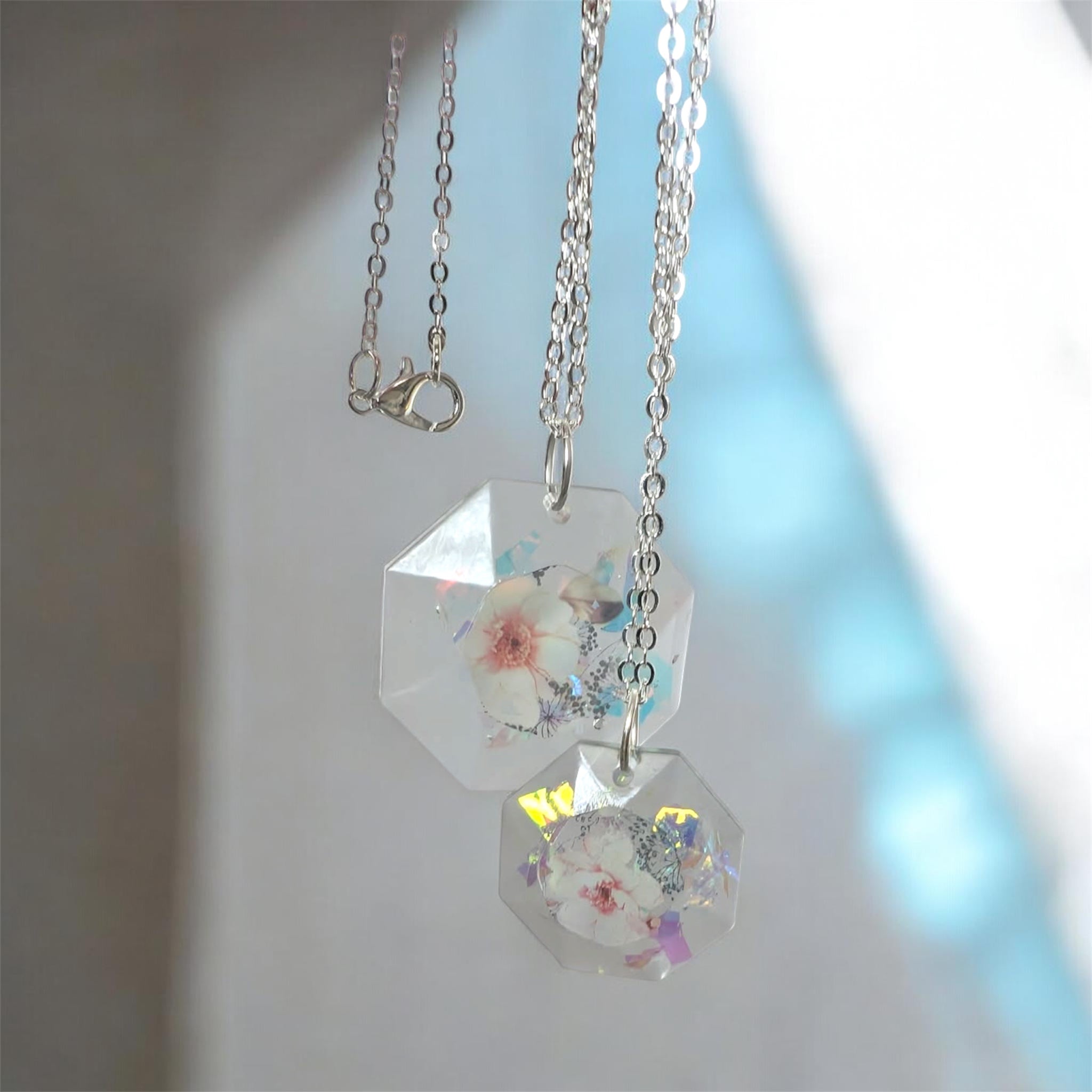 Aurora Bloom Octagon Necklace | Iridescent Resin Pendant | Handmade Gift for Her