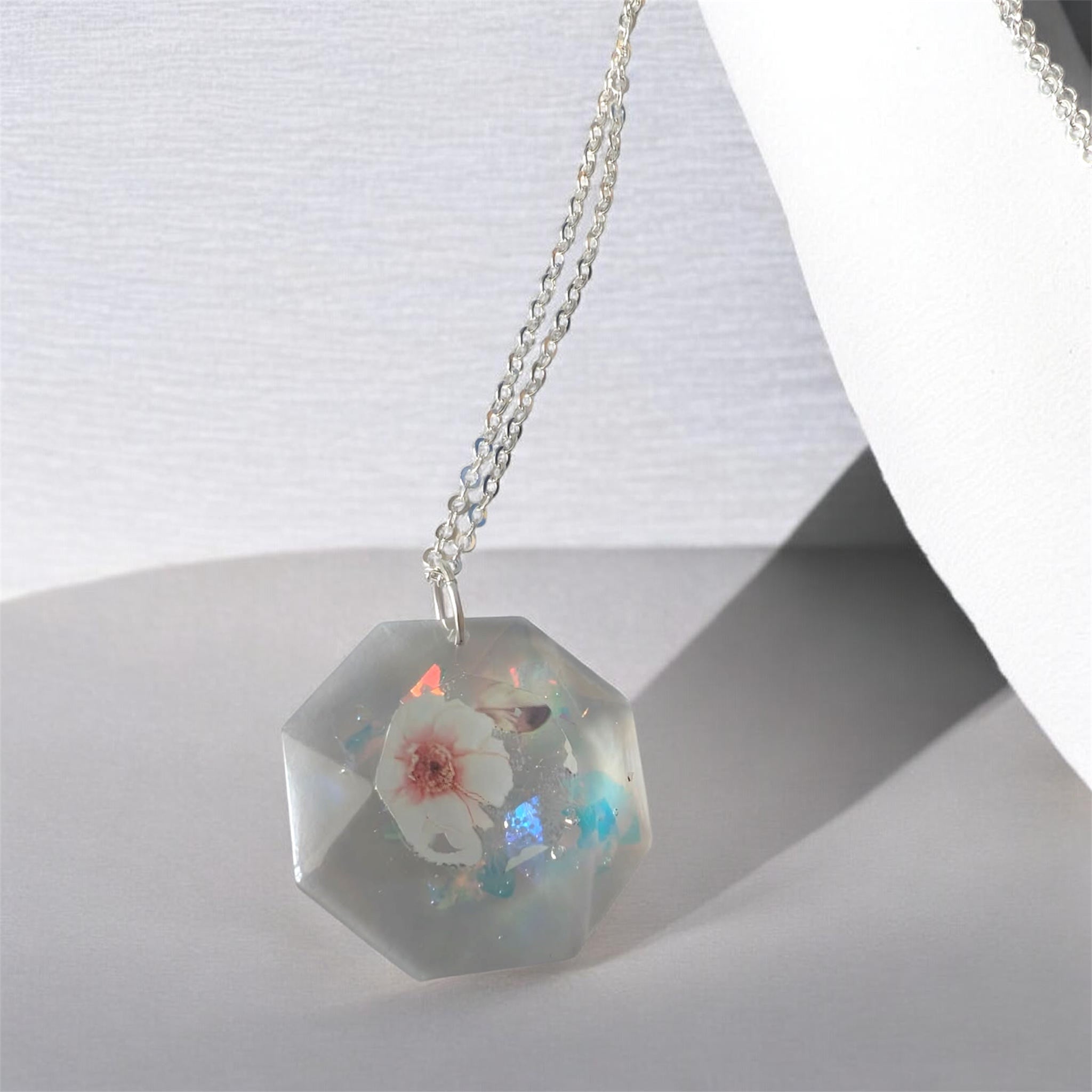 Aurora Bloom Octagon Necklace | Iridescent Resin Pendant | Handmade Gift for Her