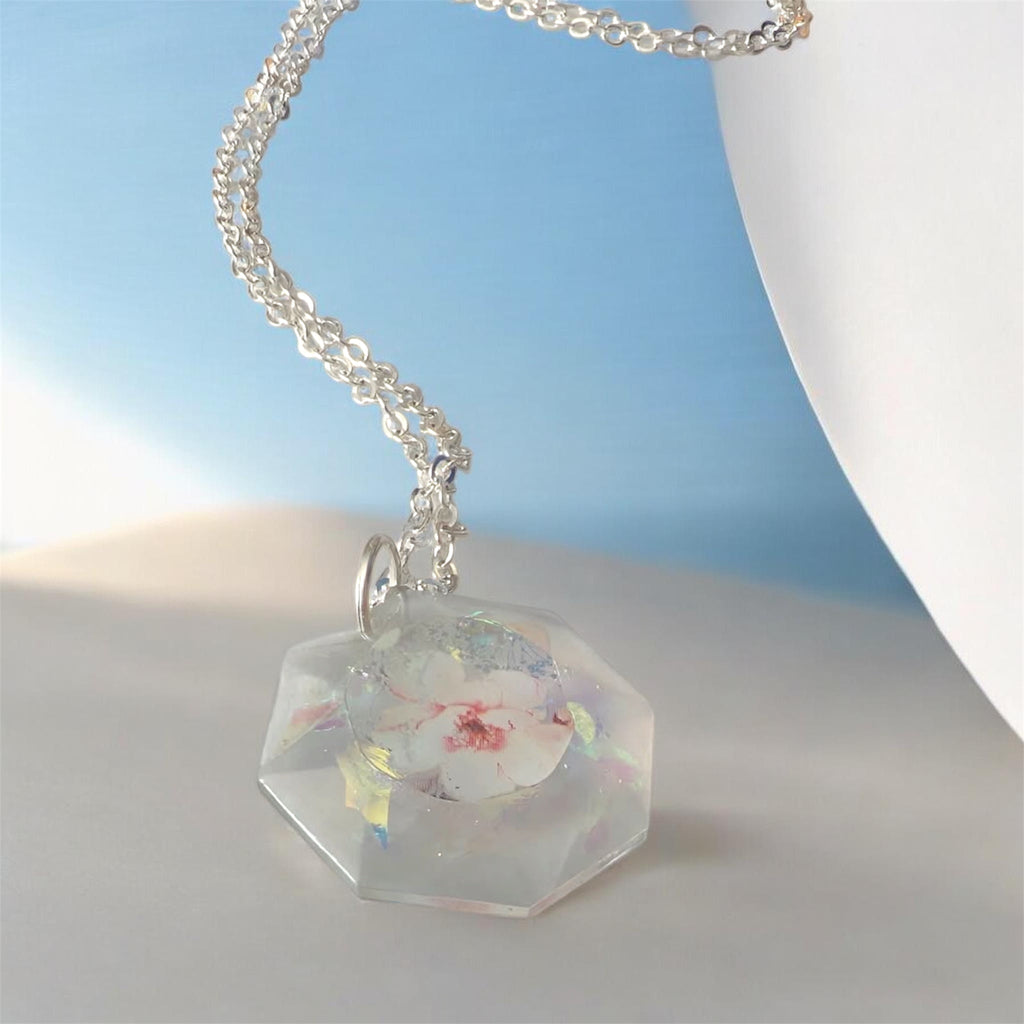 Aurora Bloom Octagon Necklace, Iridescent Resin Pendant, Opalescent Floral Jewellery, Gift For Her
