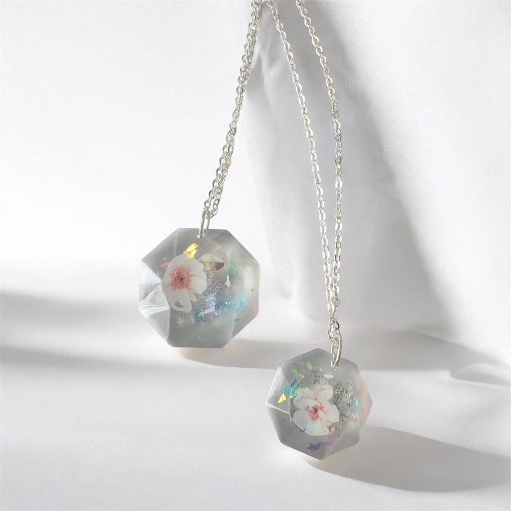 Aurora Bloom Octagon Necklace | Iridescent Resin Pendant | Handmade Gift for Her