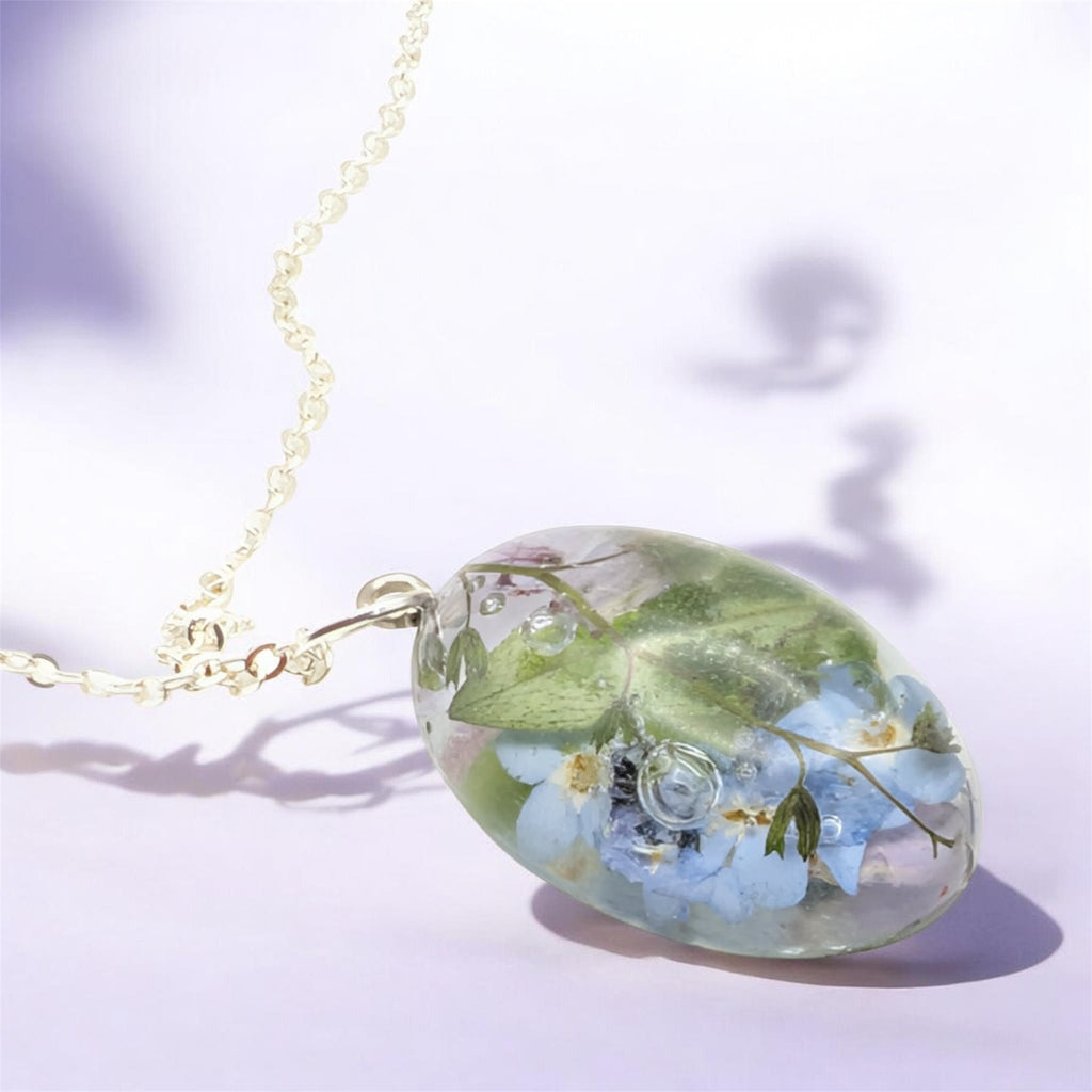 Forget Me Not Oval Pendant, Real Pressed Flower Necklace, Botanical Gift For Her