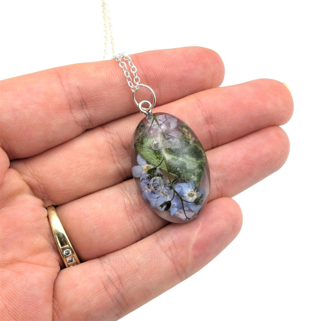 Forget Me Not Oval Pendant, Real Pressed Flower Necklace, Botanical Gift For Her
