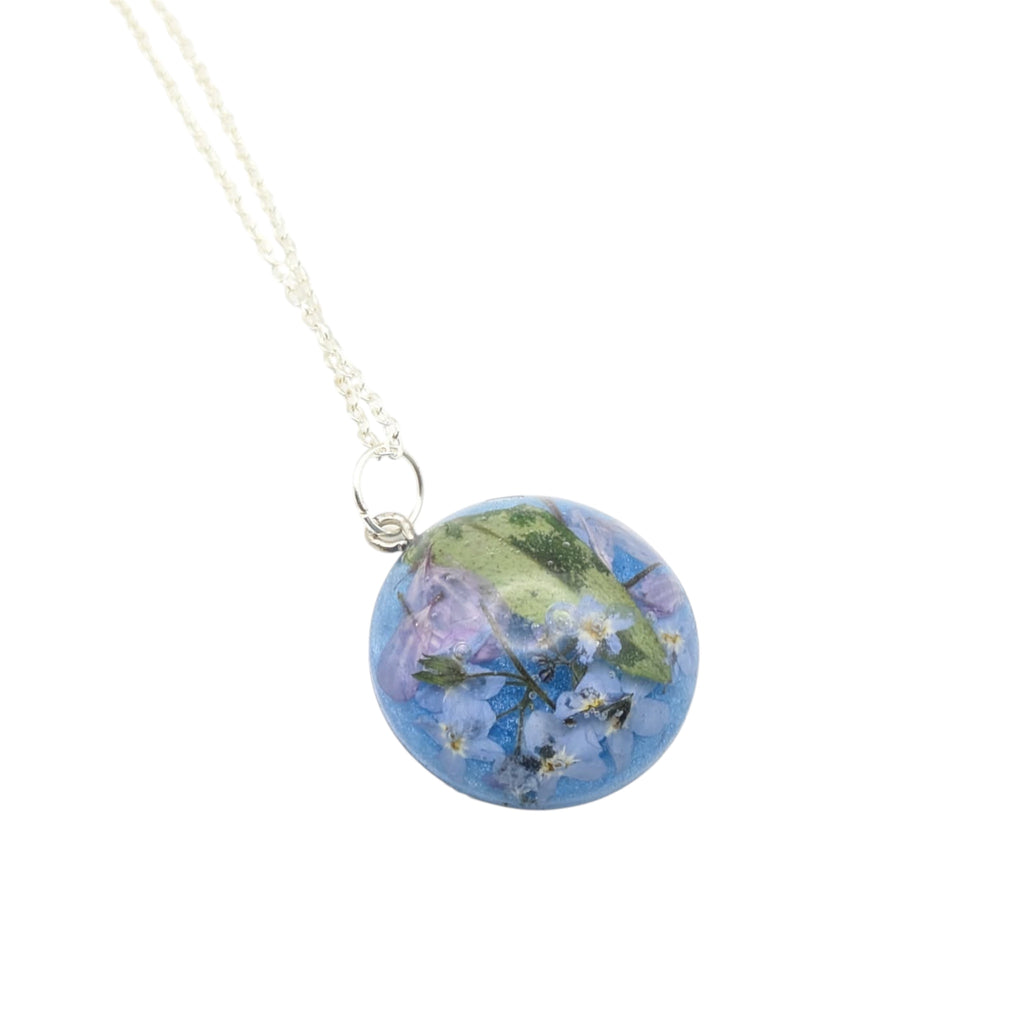 Forget Me Not Round Pendant, Real Wildflower Necklace, Botanical Gift For Her