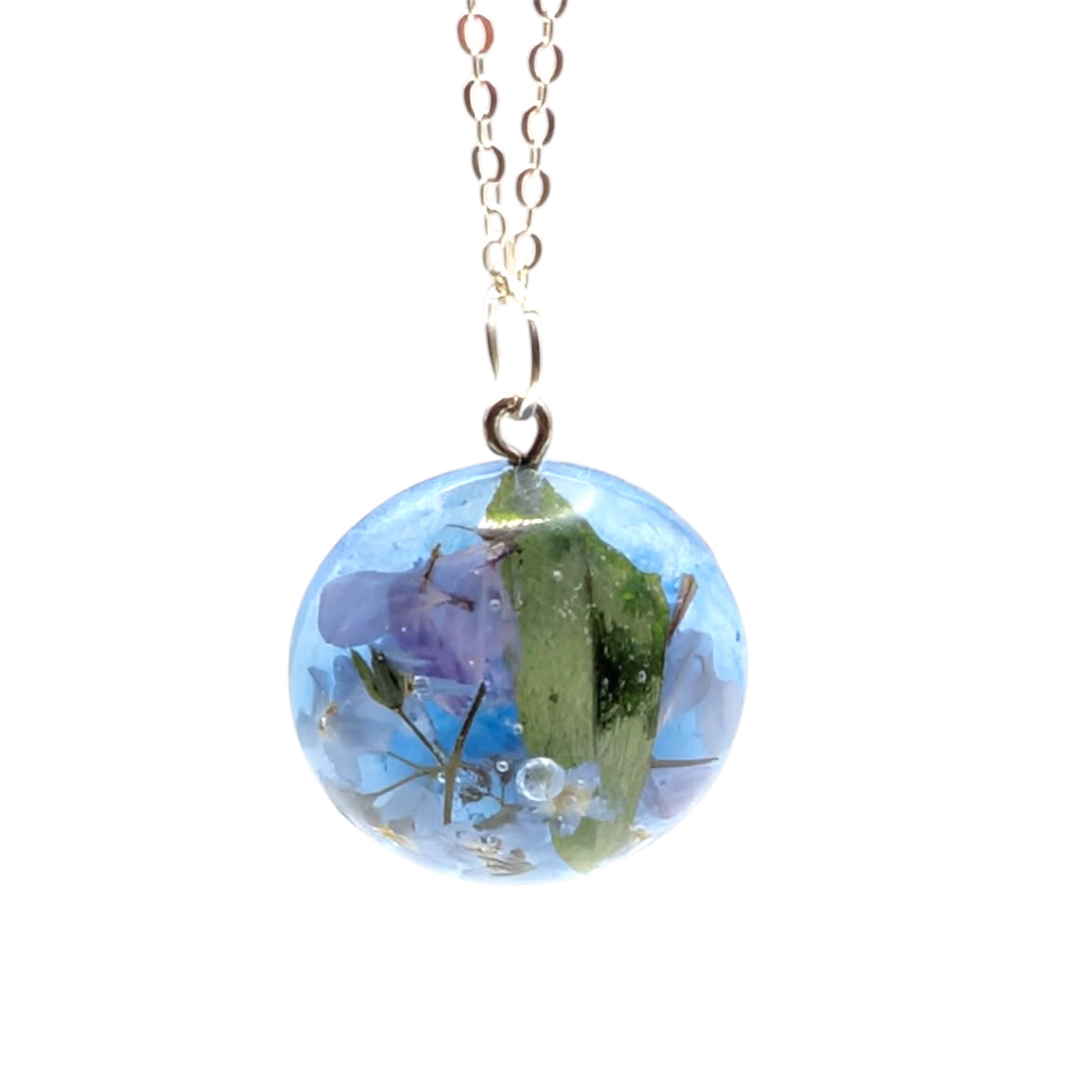 Forget Me Not Round Pendant, Real Wildflower Necklace, Botanical Gift For Her