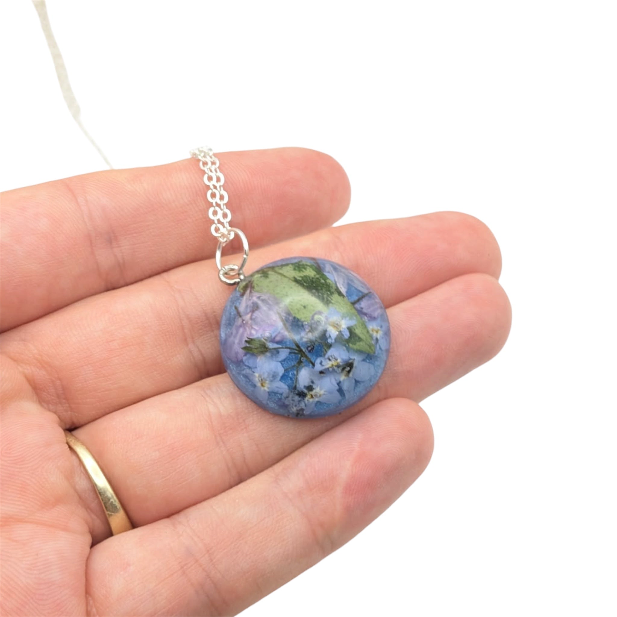 Forget Me Not Round Pendant, Real Wildflower Necklace, Botanical Gift For Her