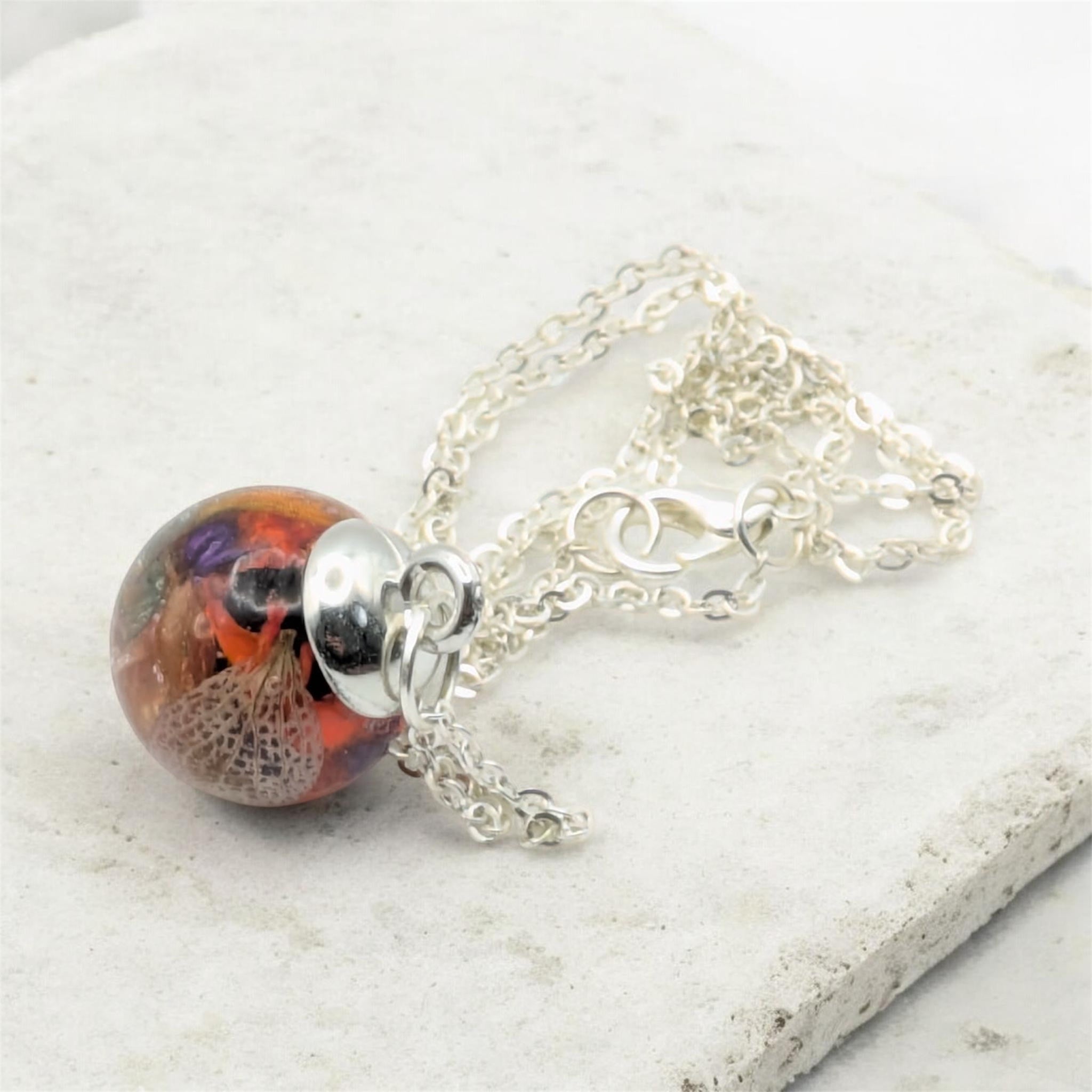 Mixed Flower Resin Sphere Necklace, Real Dried Flower Jewellery, Unique Gift For Her, Gift For Mum