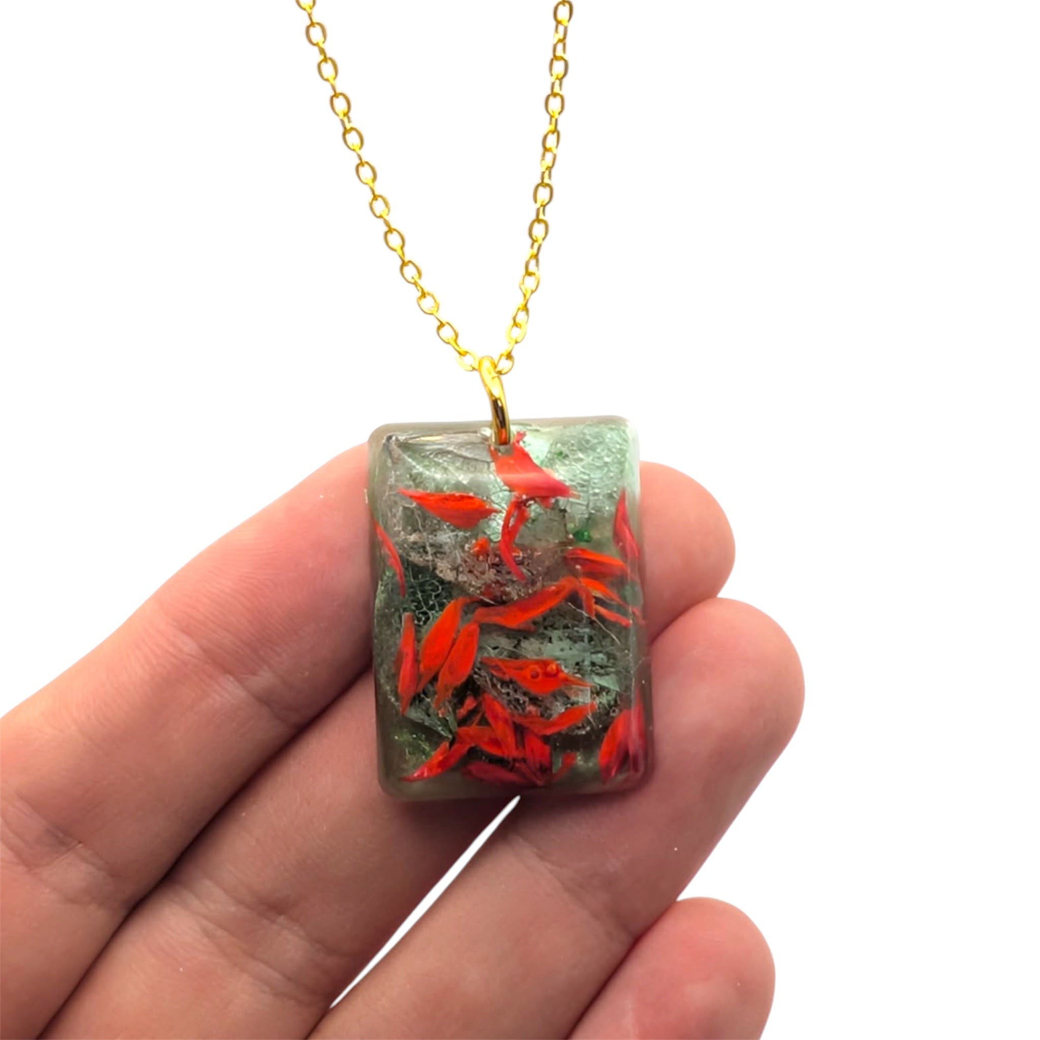 Red & Green Dried Flower Resin Necklace, Christmas Gift