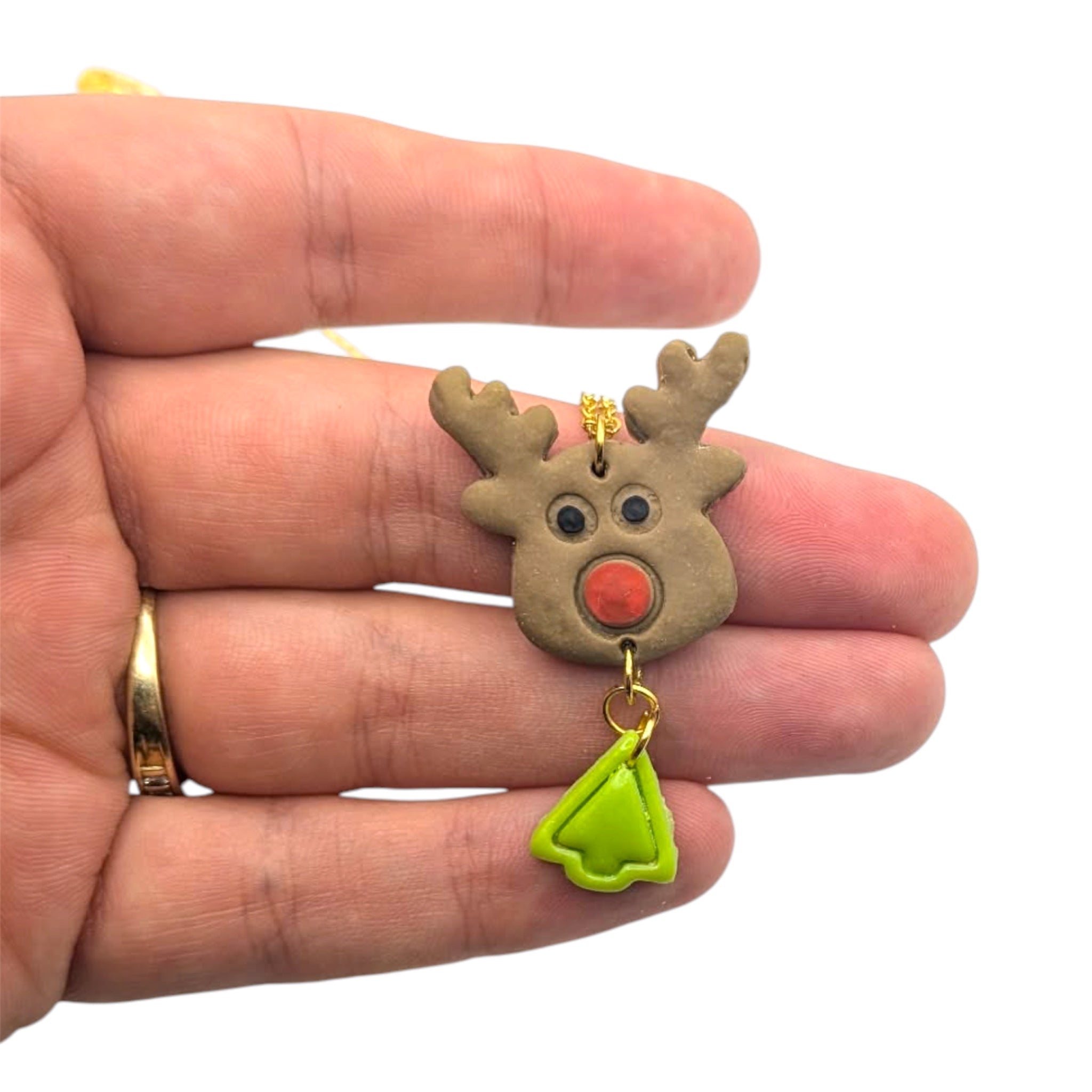 Reindeer Necklace, Handmade Polymer Clay Christmas Jewellery, Christmas Tree Charm, Gift For Her
