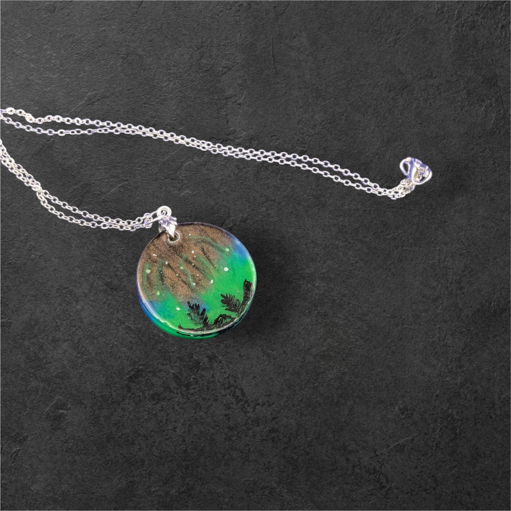 Aurora Borealis Necklace worn, showing chain length