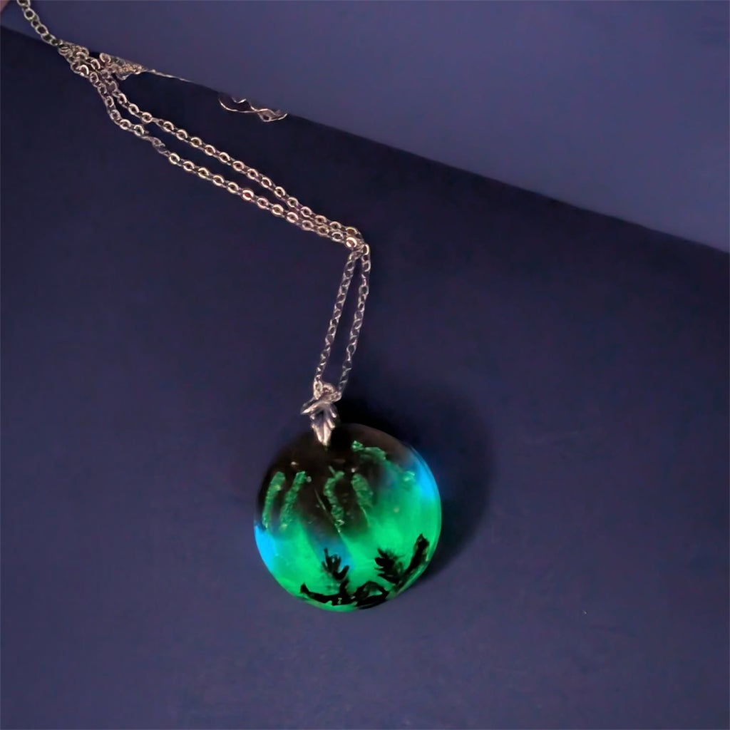 Aurora Borealis Necklace round pendant glowing green in the dark