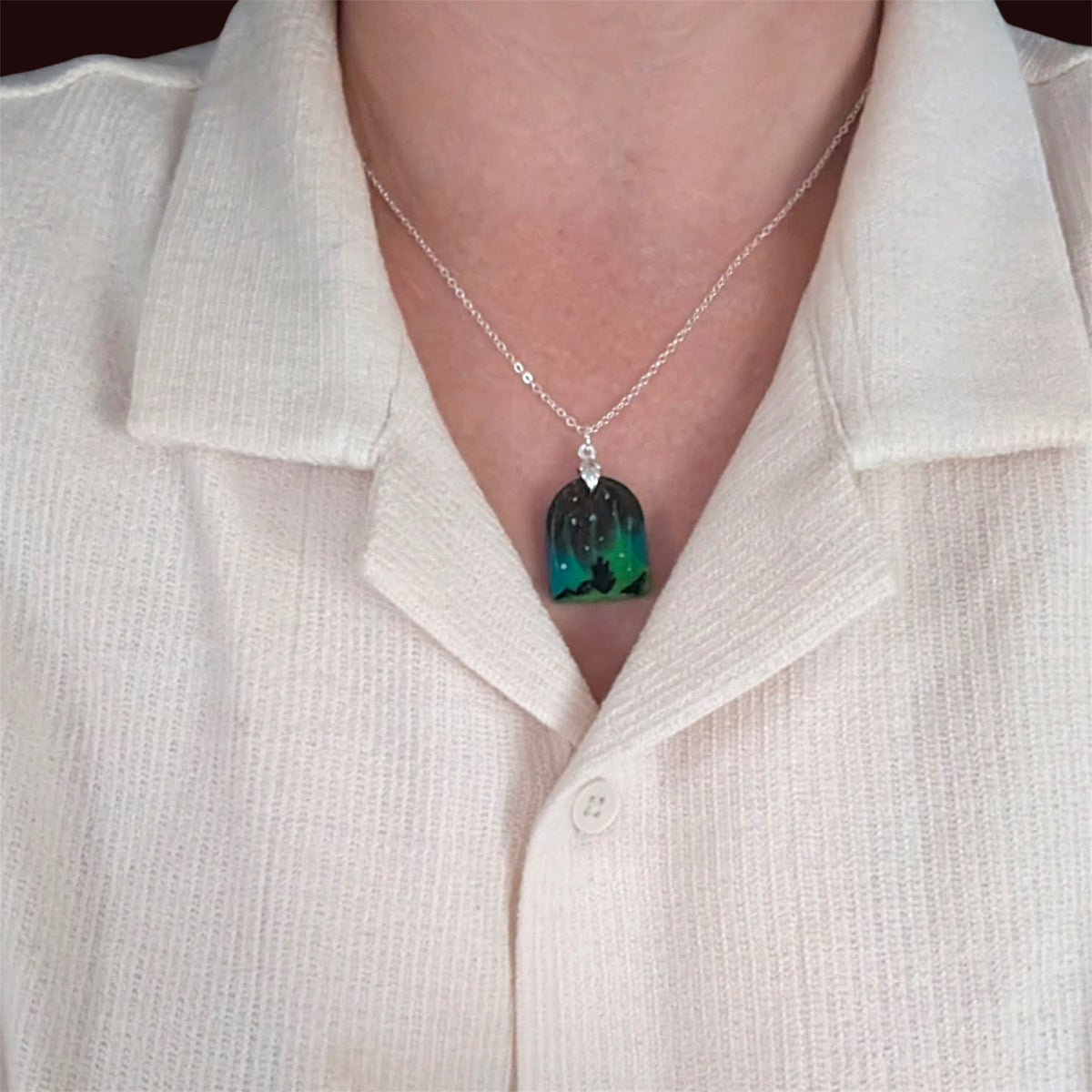 Aurora Borealis Necklace worn, showing chain length