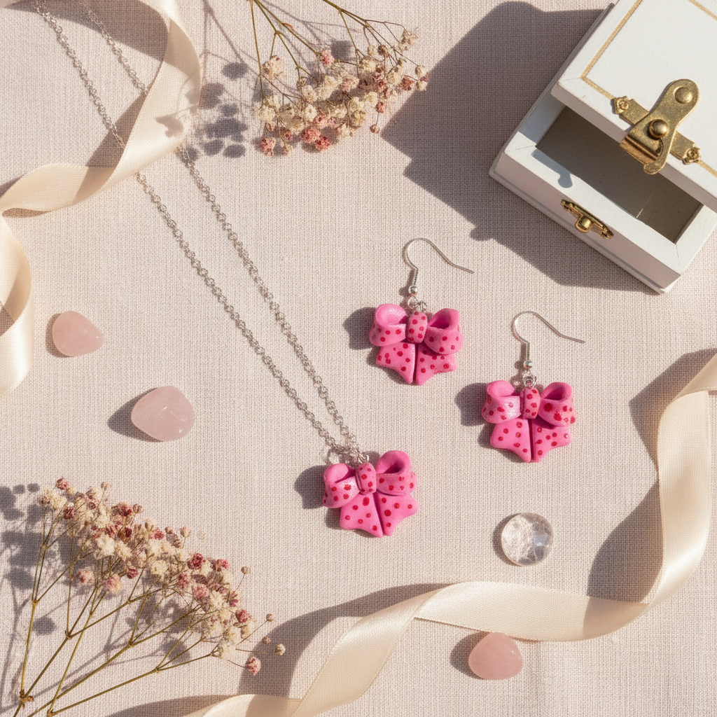 Kawaii pink bow jewellery set - handmade earrings and necklace with red polkadots on a pastel background