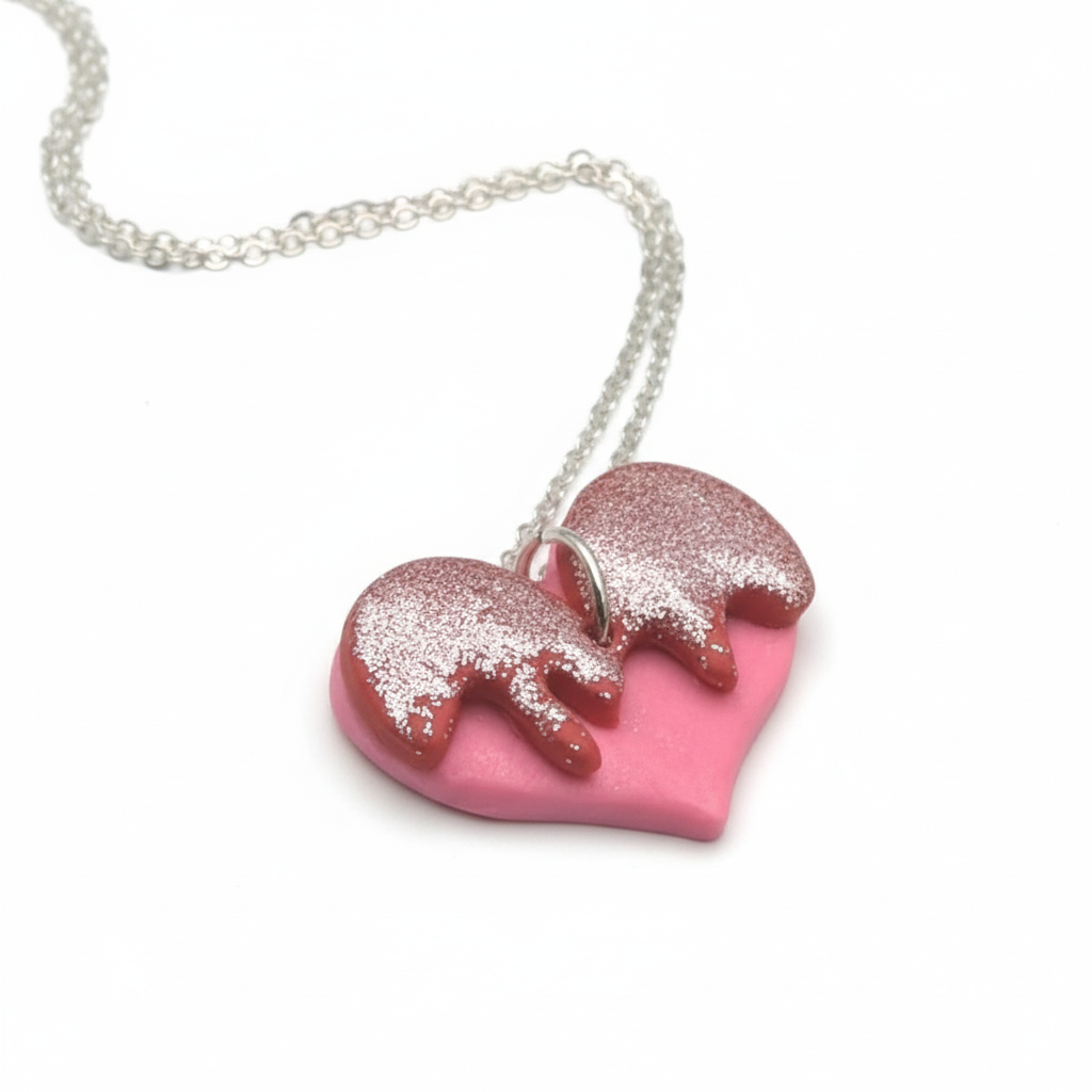 Necklace with a pink heart and red  glitter drip pendant on a white background