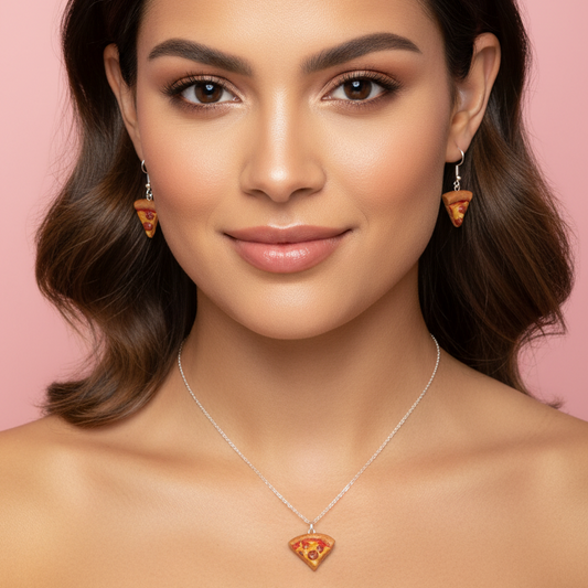 Woman wearing silver earrings and necklace with pizza slices 