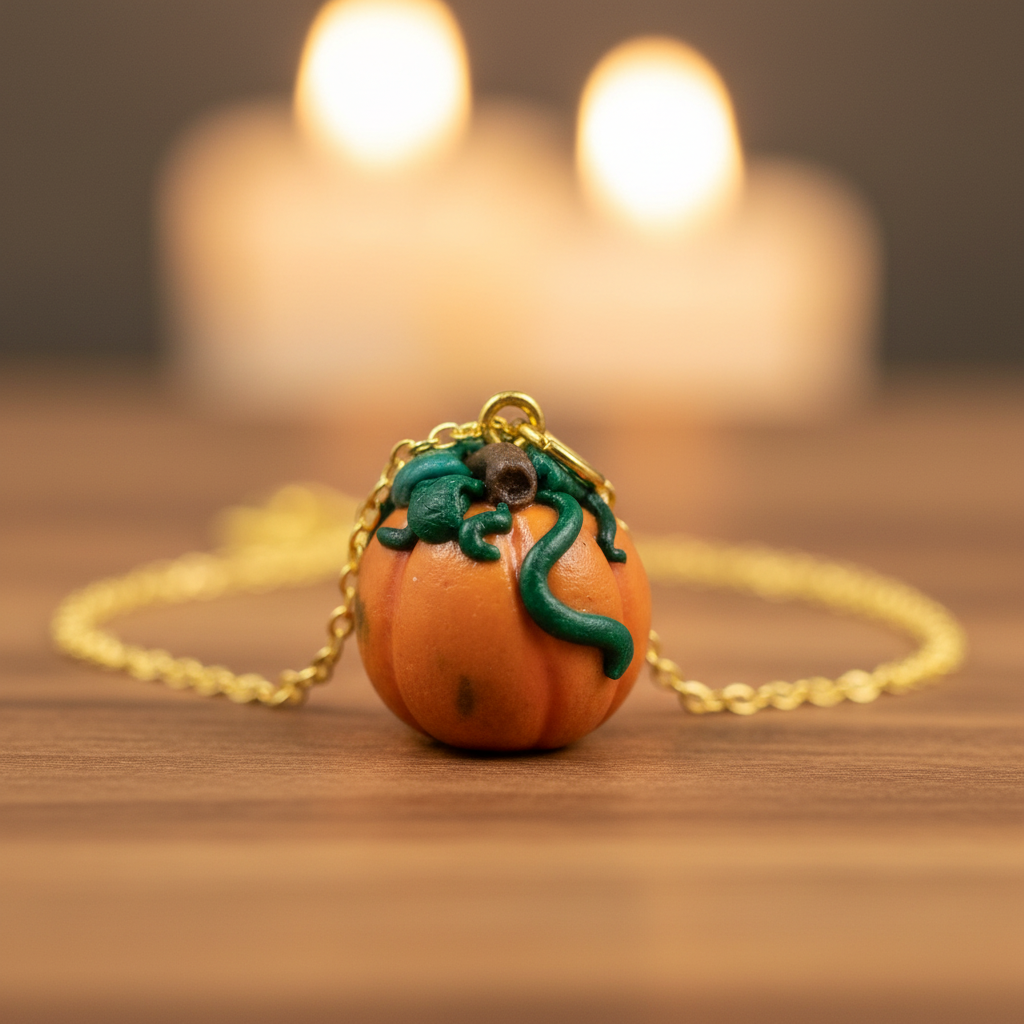 Pumpkin-shaped necklace with a gold chain on a wooden surface