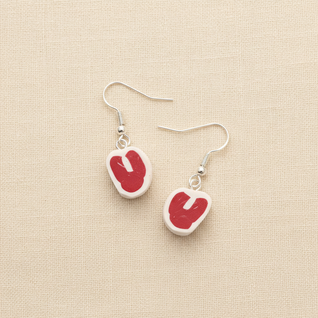 Pair of red and white raw steak earrings displayed on cotton material 