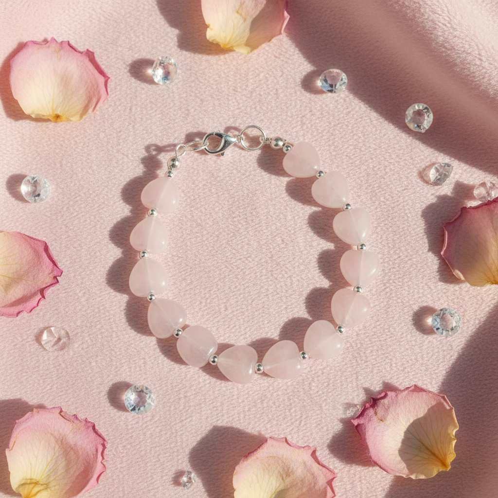 Handmade rose quartz heart bracelet - silver plated crystal jewellery with pink gemstone hearts on light pink background with petals