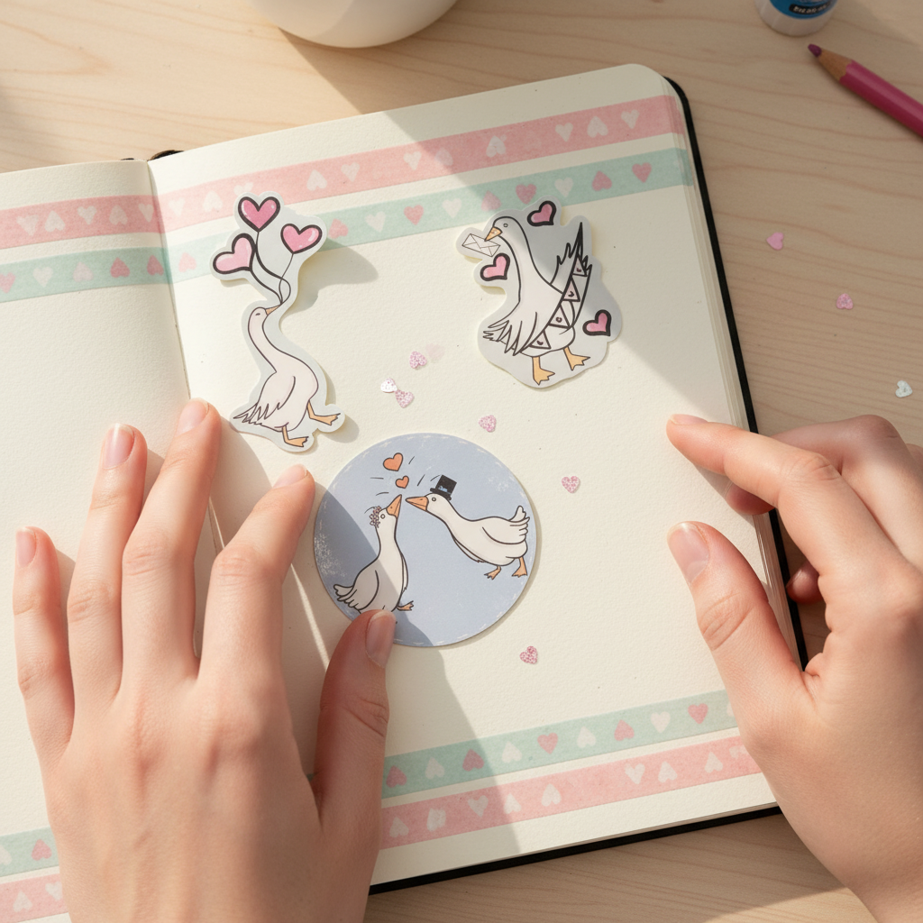 Silly goose Valentine stickers showing all three designs - kissing geese, heart balloons, and love letter