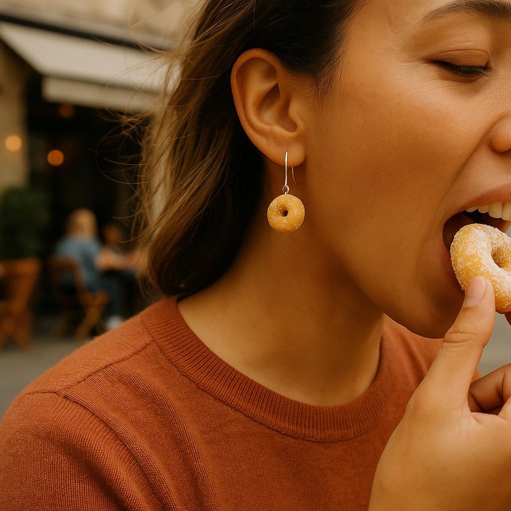 woman eating sugar donut wearing miniature sugar donut earrings outside a cafe 