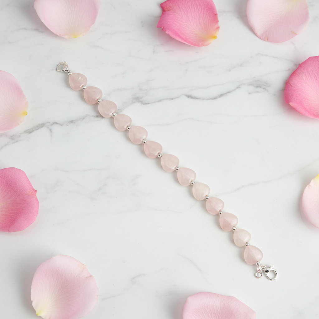 Rose quartz love heart bracelet - handmade crystal jewellery with silver plated accents on marble background