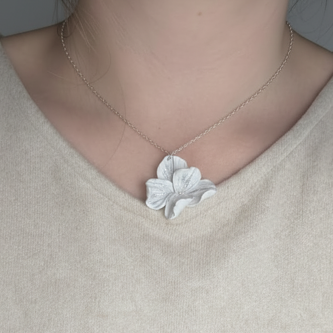 White flower pendant necklace with silver chain - handmade wedding jewellery