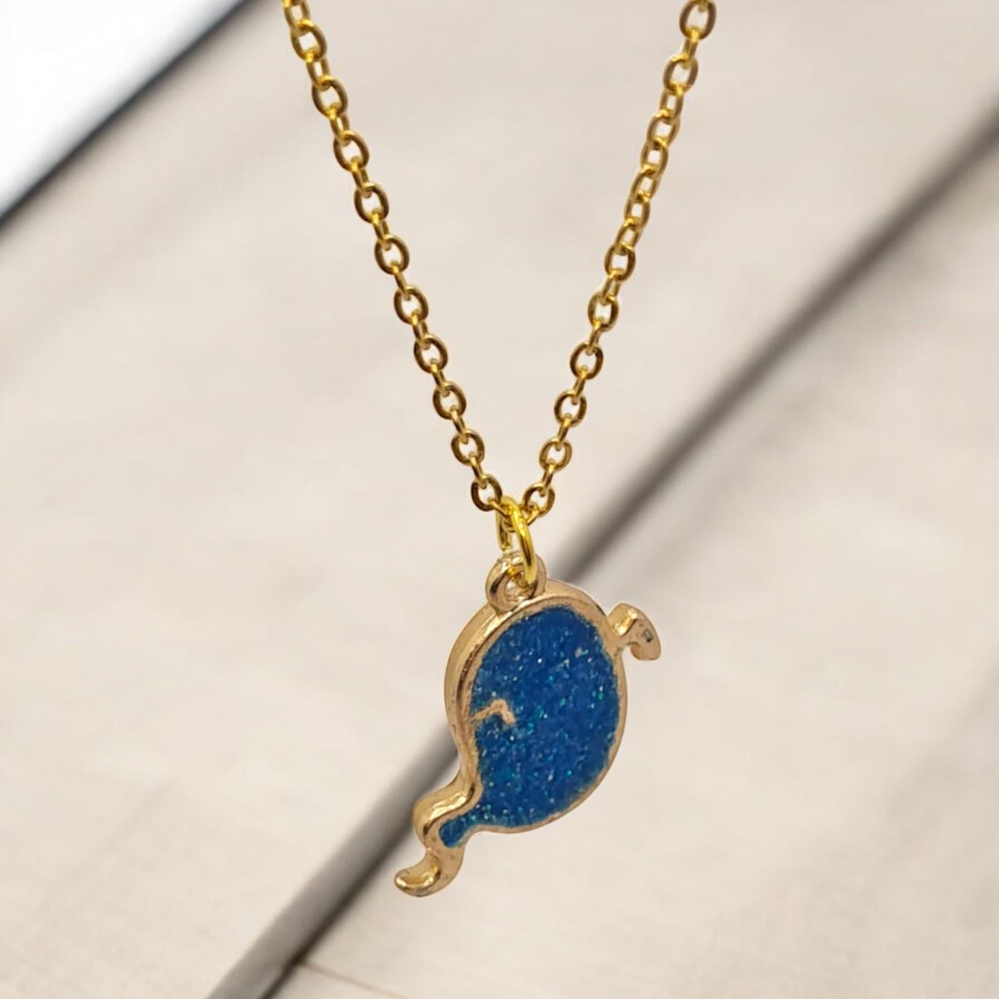 Handmade Blue Glitter Resin Ghost Necklace - Gold Plated Chain