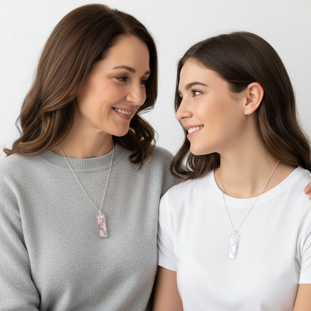 Adult daughter and mother wearing matching necklaces