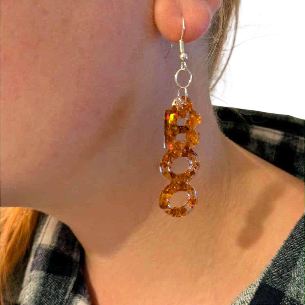 Resin Boo Dangle Earrings: Orange Glitter Halloween Jewellery
