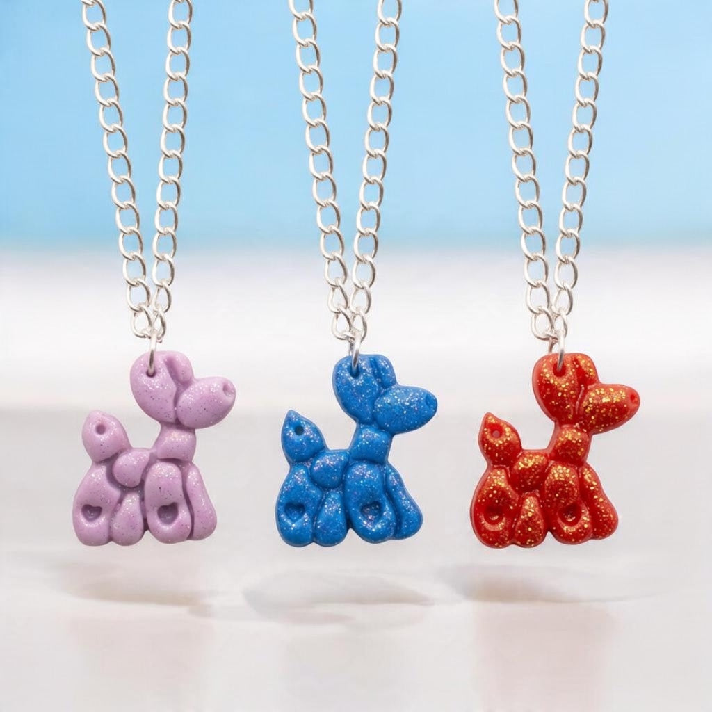 Lilac, red and blue balloon dog necklace pendant hanging on silver plated chains 