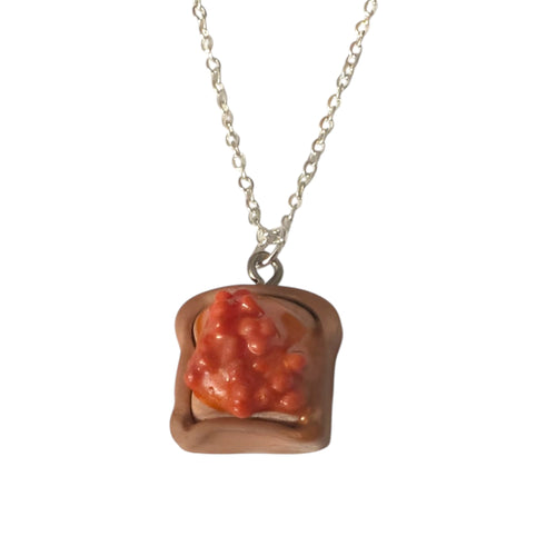 Handmade polymer clay beans on toast pendant necklace, resin bean juice, novelty food jewellery 