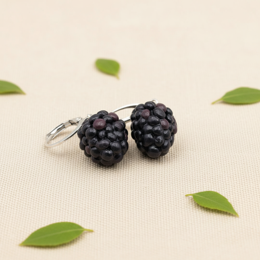 Blackberry earrings on cream with leaves