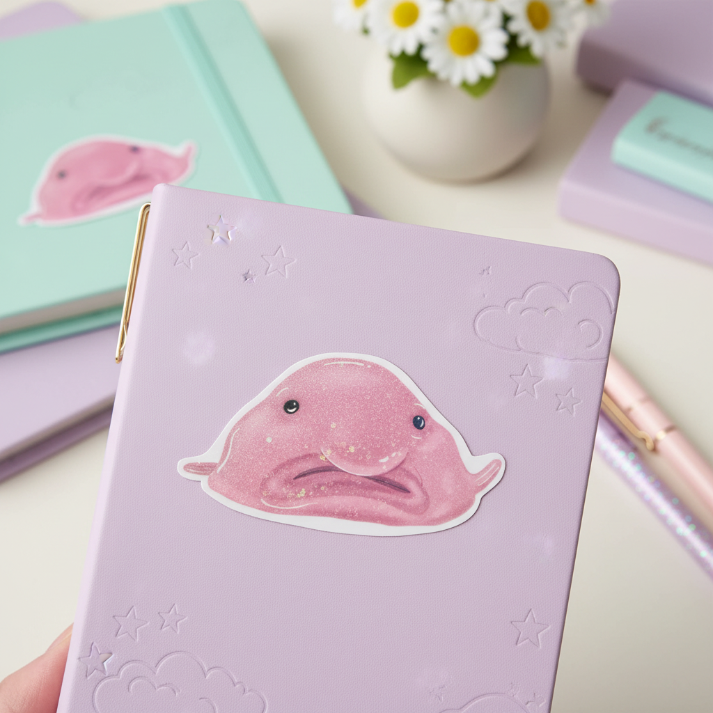 Blobfish sticker on notebook