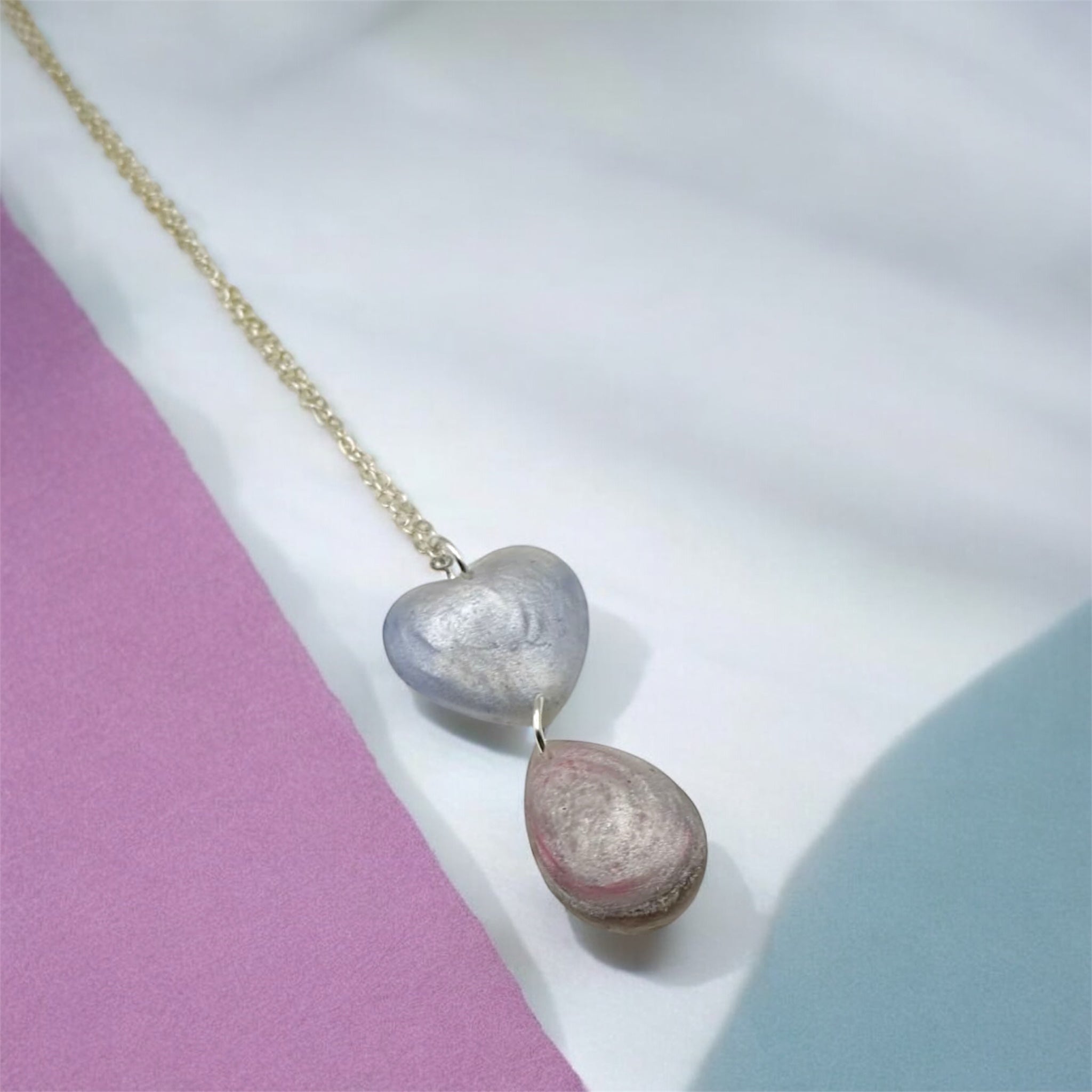 Unique double drop pendant necklace with silver chain 