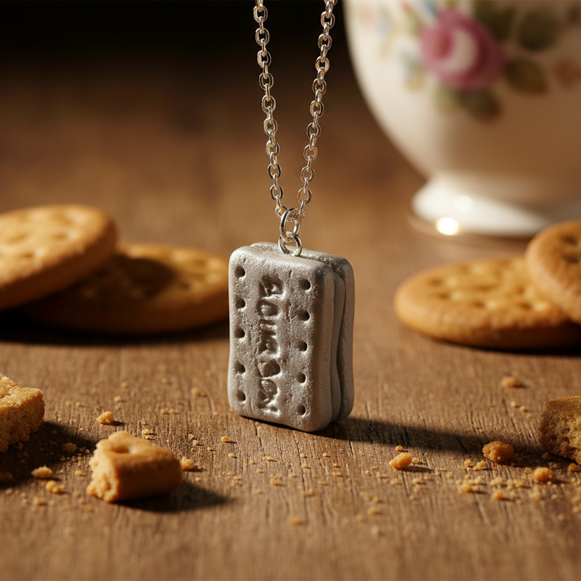 Mini bourbon biscuit necklace, handmade polymer clay kawaii food jewellery, UK