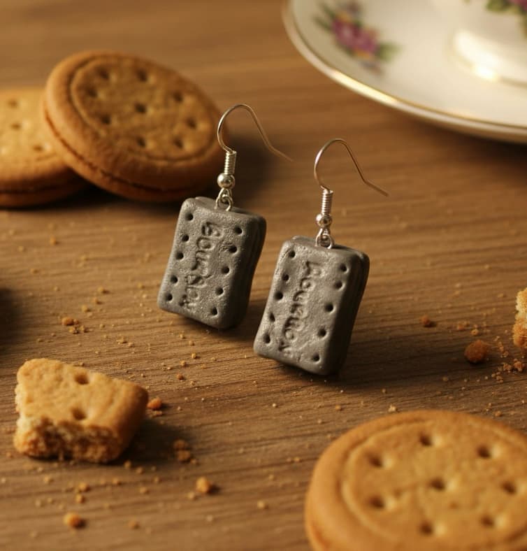 Dark brown bourbon biscuit earrings with silver ear wires, handmade polymer clay food jewellery, Handmade UK