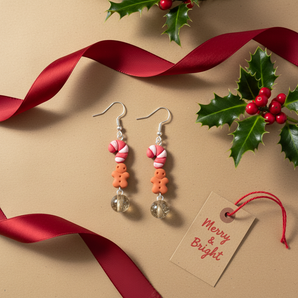 Pair of Christmas-themed earrings with candy cane and gingerbread design on a beige background with red ribbon and holly leaves.